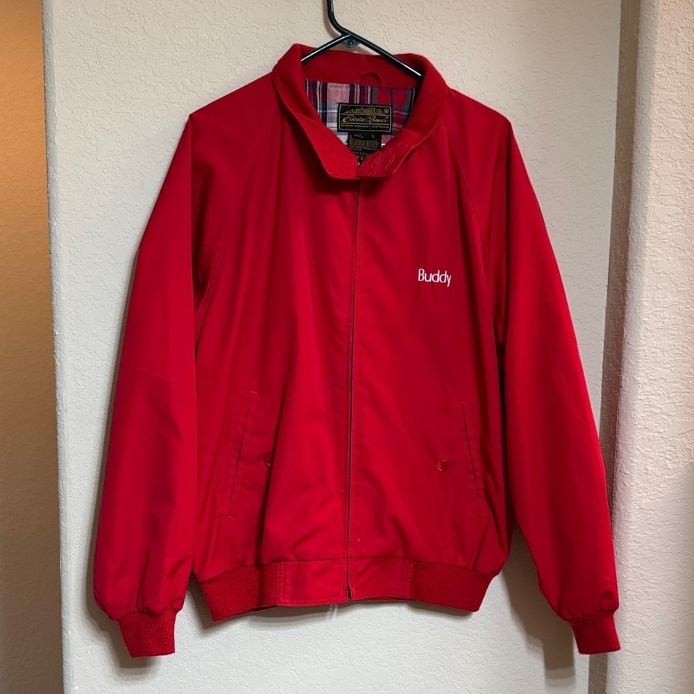VTG Eddie Bauer Red Windbreaker Jacket w/ Plaid Lining/Embroidered "Buddy" Sz L